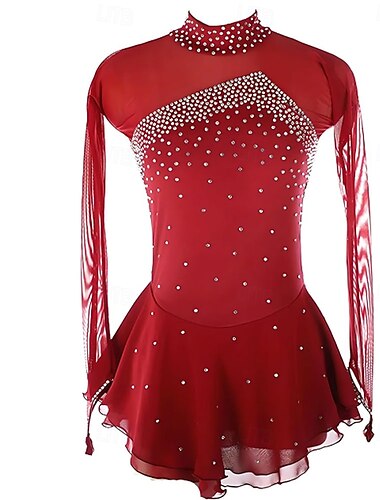  Eiskunstlaufkleid Damen Mädchen Eislaufen Kleid Schwarz Burgund Blau Asymmetrischer Saum Netzstoff Hohe Elastizität Training Wettbewerb Eiskunstlaufkleidung Klassisch Kristall / Strass Langarm