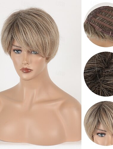  Kurze blonde Perücken für Frauen, blonde Perücken im Pixie-Schnitt mit Pony, glatte, geschichtete Kurzhaarperücken, natürlich aussehende synthetische hellblonde Perücken
