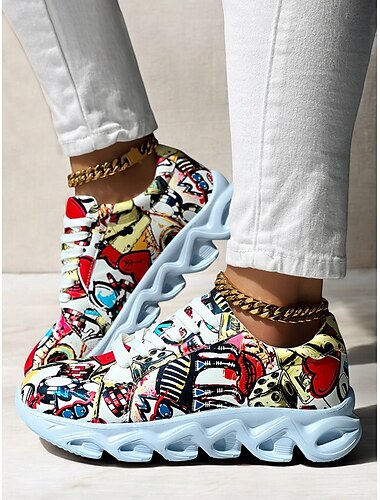  Sneaker für Damen mit farbenfrohem Grafik-Print – trendige, leichte Sportschuhe zum Schnüren mit gepolsterter Sohle