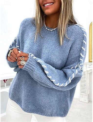  Damen Pullover Brautkleider schlicht Weich Einfarbig Gerippt Rundhalsausschnitt Strick Langarm Normale Oberteile Stricken Outdoor Täglich Wochenende Schwarz Weiß Herbst Winter