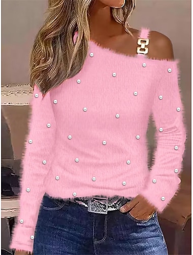 damebluse fuzzy rosa en skulder langermet elegant casual semi formell normal passform høst vinter   damebluse fuzzy rosa en skulder langermet elegant casual semi formell normal passform høst vinter