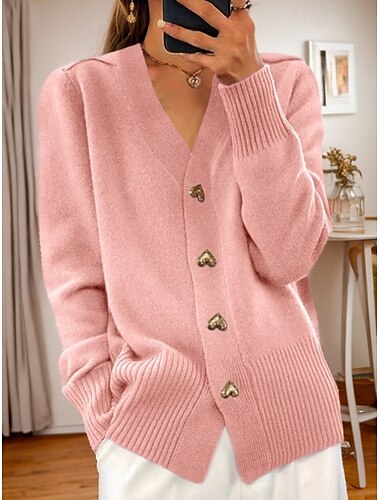  Suéter de mujer color rosa San Valentín, cárdigan, chaqueta, cuello en V, tejido con botones, para primavera, otoño, uso diario, vacaciones, salidas, lindo, diario, suave, manga larga, color puro,