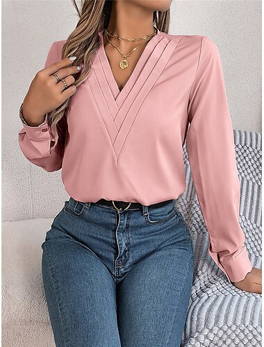  Women's Shirt Blouse Solid Color Basic Casual Long Sleeve V Neck Regular Tops Daily White Pink Wine Fall Winter
