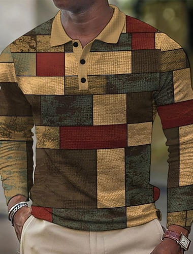  Miesten Skottiruutukuvio Vohveli poolopaidat Golfpaita Pitkähihainen Poolopaidat Kauluspaidat Vintage Vapaa-aika Lomavaatteet Muodolliset vaatteet Festivaalivaatteet Napit 3D-tulostus Kevät Syksy