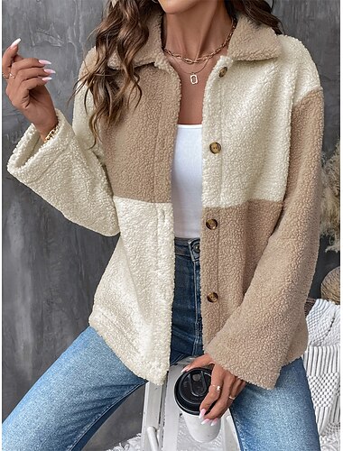  Damen Fleecejacke Teddy-Mantel warm halten Atmungsaktiv Tasche Innenfutter aus Fleece Brautkleider schlicht Farbblock Urlaub Strasse Freizeitskleidung Ausgehen Einreihiger Verschluss Standard
