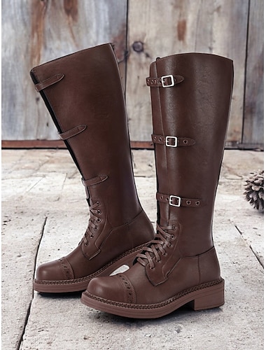  Botas de combate con cordones y pantorrilla ancha para mujer, con correas de hebilla y suela resistente: cómodas y elegantes para uso informal y al aire libre
