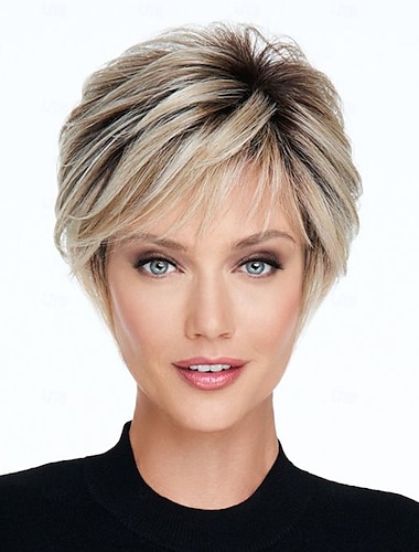  perruques blondes courtes pour femmes perruques blondes coupe lutin avec frange perruques de cheveux courts en couches droites perruques synthétiques blondes claires d'aspect naturel