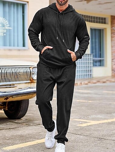  Herren Sweatshirt Pullover Trainingsanzug Jogginganzug Schwarz Armeegrün Rote Marineblau Hellgrau Mit Kapuze Glatt Kordelzug 2 teilig Sport & Natur Täglich Festtage Strassenmode Basic Brautkleider