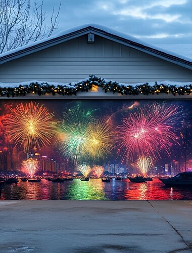  Wandteppich Neujahrs-Garagentorabdeckung, Luftballons, Feuerwerk, Outdoor-Banner, großer Hintergrund für Feiertage, Outdoor-Garagentor, Wanddekoration für Zuhause