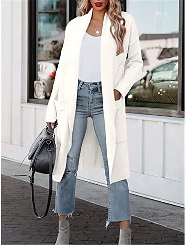  Dames Winterjas Buiten Straat Alledaagse kleding Herfst Winter Lang jas Normale pasvorm Thermisch Warm Ademend Stijlvol Casual Jacks Lange mouw Effen Kleur Met zakken Zwart Wit Groen