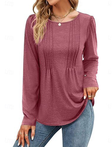  Dames T-shirt Effen Modieus Modern Casual Lange mouw Strakke ronde hals Normale tops Dagelijks Weekend Rood Bruin Beige Herfst Winter
