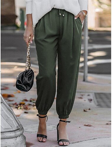  Women's Chinos Fashion Streetwear Full Length High Waist Plain Pocket Elastic Waistband Comfy Soft Comfortable Micro-elastic Outdoor Street Army Green Wine Black White Spring &  Fall Regular Fit