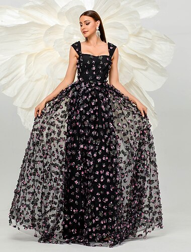  rosa florales A-Linien-Ballkleid, Vintage-Kleid, formelles, bodenlanges, ärmelloses, quadratisches Halskleid aus Tüll mit Schlitzapplikationen 2025