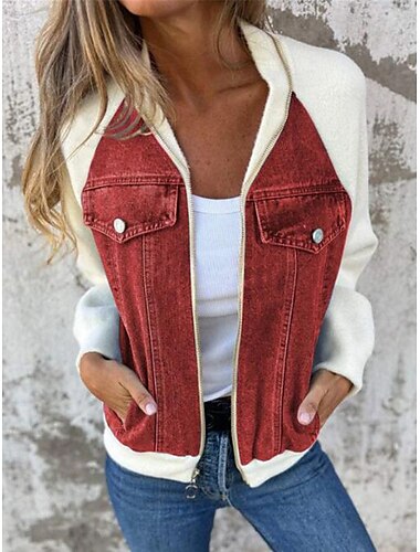  Damen Freizeitjacke Outdoor Strasse Freizeitskleidung Herbst Winter Kurz Mantel Regular Fit warm Atmungsaktiv Stilvoll Brautkleider schlicht Jacken Langarm Farbblock Mit Taschen Full Zip Wein Blau