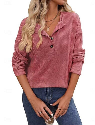  Dámské Košile Halenka Pevná barva Základní Na běžné nošení Dlouhý rukáv Do V Běžné topy Denní Knoflíky Černá Světlá růžová Armádní zelená Khaki Podzim Zima