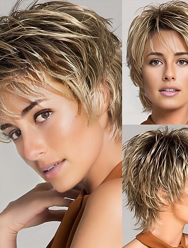  Kurze braune, gemischte, blonde Pixie-Cut-Perücken mit Highlights und Pony, synthetische, geschichtete Perücken für Frauen, Ersatzperücken aus Naturhaar