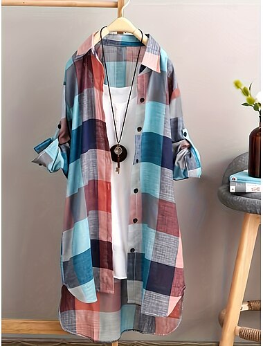  Damen Übergröße Tunika Hütte Plaid Täglich Langarm Hemdkragen Casual Festtage Knopf Schwarz Rosa Blau Ganzjährig
