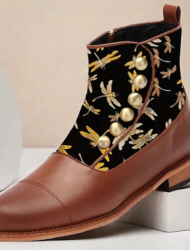  Botines victorianos de piel sintética para hombre con tejido jacquard con libélulas bordadas y botones dorados: botas de vestir de inspiración vintage