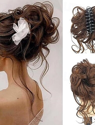  Messy Bun Haarteil mit Krallenclip, synthetischer Chignon, zerzauste Hochsteckfrisur mit Ranken, Haarverlängerungen, Haarknoten, lockiger, gewellter Kunsthaarknoten, Haargummis, Haarschmuck für Damen