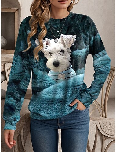  Sudadera de mujer con estampado de perro para uso diario, informal, cuello redondo, manga larga, microelástica, otoño e invierno, cómoda, transpirable, tejido suave