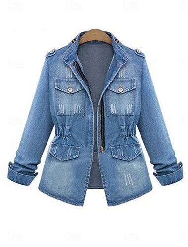  Damen Jeansjacke Outdoor Strasse Freizeitskleidung Herbst Winter Standard Mantel Regular Fit warm Atmungsaktiv Stilvoll Brautkleider schlicht Jacken Langarm Feste Farbe Mit Taschen Blau