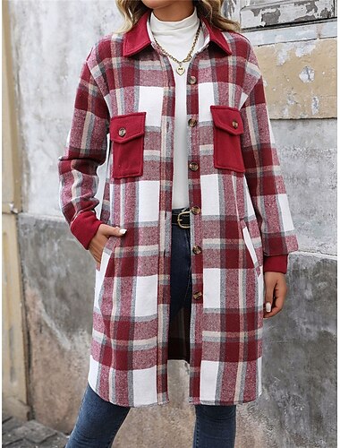  Damen Winterjacke Mantel Outdoor Strasse Freizeitskleidung Herbst Winter Lang Mantel Regular Fit warm Atmungsaktiv Stilvoll Brautkleider schlicht Jacken Langarm Streifen und Plaid Mit Taschen Bedruckt
