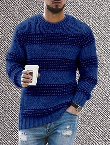 Men's Pullover Sweater Jumper Knit Sweater Ribbed Crochet Knit Regular Knitted Stripes Crew Neck Fashion Basic Daily Wear Date Clothing Apparel Fall & Winter Black Blue S M L