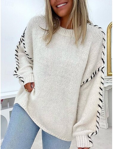  Damen Pullover Brautkleider schlicht Weich Einfarbig Gerippt Rundhalsausschnitt Strick Langarm Normale Oberteile Stricken Outdoor Täglich Wochenende Schwarz Weiß Herbst Winter
