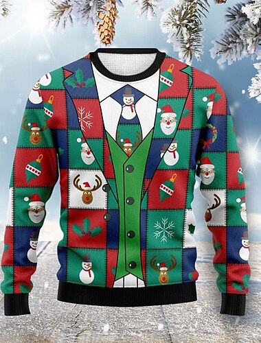  Suéter navideño feo, suéteres para hombre, suéter de punto con estampado de copos de nieve y muñeco de nieve de Papá Noel, suéter de Nochevieja, suéter para exteriores, diario, manga larga, cuello