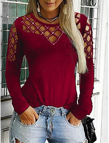  Women's T Shirt Plain Fashion Modern Casual Long Sleeve Crew Neck Regular Tops Daily Weekend Patchwork Cut Out Black Wine Gray Fall