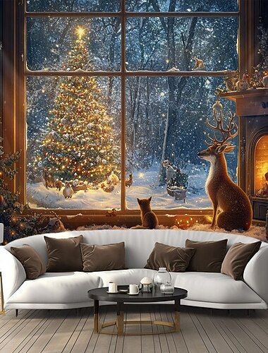  juledekorasjoner hengende billedvev vindu utsikt jul nøtteknekker veggkunst stor billedvev veggmaleri dekor fotografi bakteppe teppe gardin hjem soverom stue dekorasjon