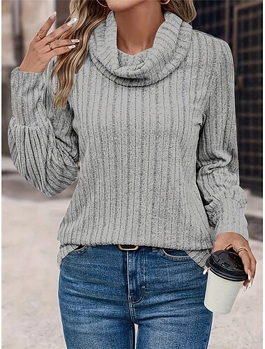  Damen T Shirt Glatt Modisch Modern Brautkleider schlicht Langarm Rollkragen Normale Oberteile Täglich Wochenende Wein Blau Grau Herbst Winter