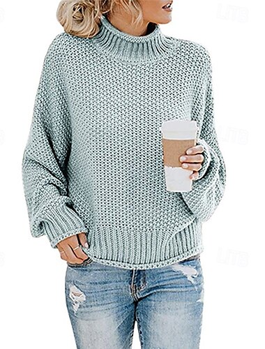 Damskie Sweter Sweter sweter Codzienny Miękkie Jednokolorowe Prążkowany Półgolf Dzianiny Długi rękaw Zwykłe topy Robić na drutach Na zewnątrz Codzienny Weekend Czarny Niebieski Jesień Zima