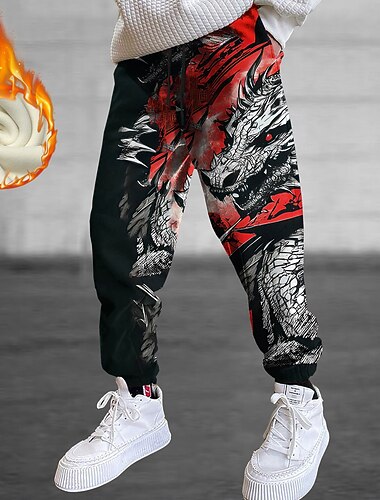  Voor heren Draak Fleece joggingbroek Trekkoord elastische taille Casual Donkere Buiten Huis Feestavondkleding Zak Warmte-isolerend Winter 3D-afdrukken Rood