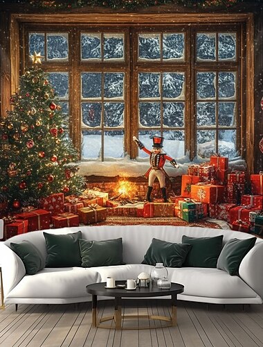  クリスマスの飾り 吊り下げタペストリー 窓の景色 クリスマス くるみ割り人形 壁アート 大きなタペストリー 壁画 装飾 写真 背景 ブランケット カーテン 自宅 寝室 リビングルーム 装飾