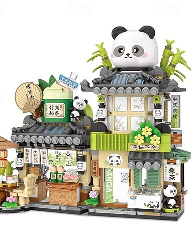  Straatzicht Theewinkel Mini Bouwblokken MOC Creatieve Bouwspeelgoed Schattige Panda Dieren Bouwset voor Meisjes 6-12 Speelgoed Geschenk Idee voor Kinderen Volwassenen (860PCS) Kerstmis Geschenk