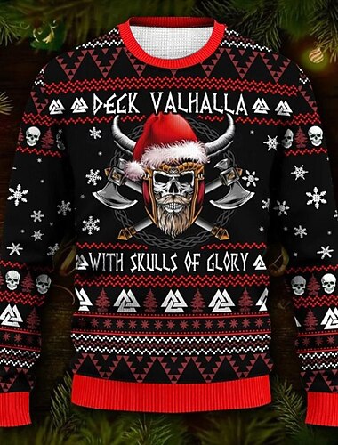  Suéter navideño feo, suéteres divertidos para hombres, suéter de punto con letras de calaveras, copos de nieve, estampado gótico, suéter de punto, suéter de Nochevieja, para exteriores, vacaciones
