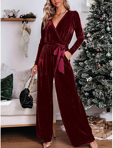 Dames Normaal Jumpsuit Stijlvol Effen Kleur Lange mouw Diepe V-hals Omgord Vakantie Feest Normale pasvorm Zwart Rood blauw Lente