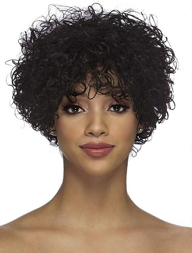  Kurze lockige Perücke mit Pony, Echthaarperücke für schwarze Frauen, kurze lockige Bob-Perücke, federnde Locken, klebefreie Perücke, 150 % Dichte