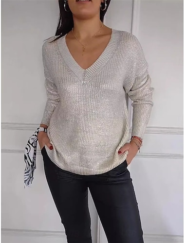  Per donna Felpa Pullover Maglione Informale Morbido Colore puro A coste A V Lavorato a maglia Manica lunga Top regolari Maglia Esterno Giornaliero Fine settimana Argento Nero Autunno Inverno