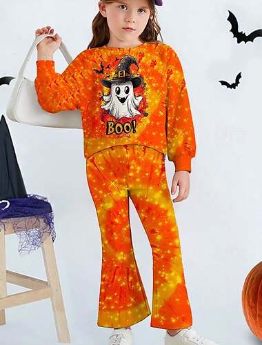  Halloween Mädchen 3D Graphic Geist Sport-Outfit Trainingsanzüge Set aus Sweatshirt und Schlaghose Langarm Frühling Herbst Täglich Brautkleider schlicht Polyester kinderkleidung 4-12 Jahre