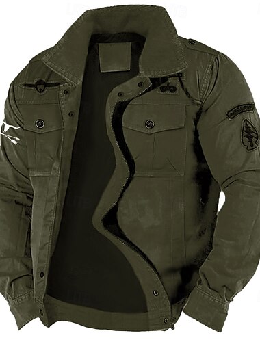  Herren-Militärjacke aus Baumwolle mit Stickerei, Cargo-Jacke mit Schultergurten, langen Ärmeln, Stehkragen, mehreren Taschen, Mantel, Trucker-Jacke, taktische Oberbekleidung mit Western-Kuh-Print