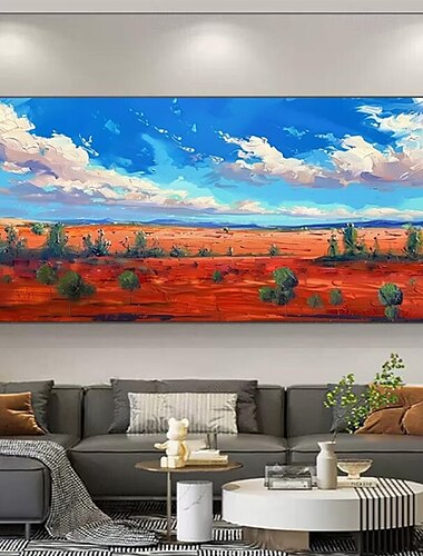  Pintura al óleo abstracta acrílica pintada a mano con cielo azul y flores en la orilla del mar de arena, arte de pared para oficina, pintura texturizada sin marco