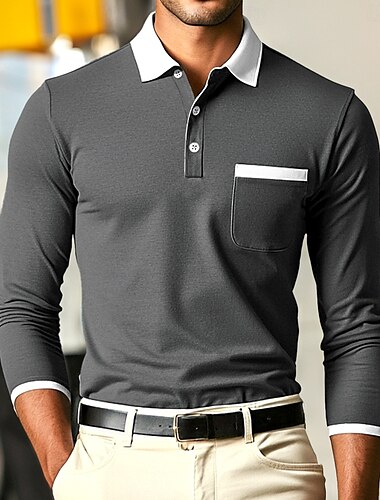  Pánské Polo trička golfové pólo ulice Obchod Přehnutý Žebrovaný polo límec Dlouhý rukáv Módní Základní Pevná barva Kapsy Podzim Zima Pro více ročních období Běžný Bordó Námořnická modř Světle šed