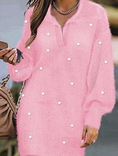  Damen Pullover Elegant Brautkleider schlicht Weich Perle Einfarbig Gerippt Hemdkragen Strick Langarm Normale Oberteile Stricken Outdoor Täglich Wochenende Rosa Herbst Winter