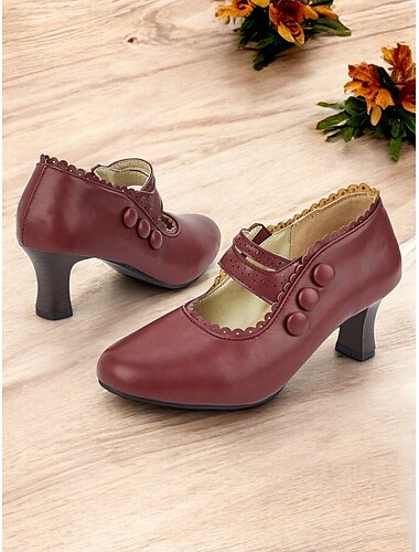  bourgogne vintage mary jane hæle med dekorative knapper og scalloped kanter - klassisk stil til kontor og formelle begivenheder