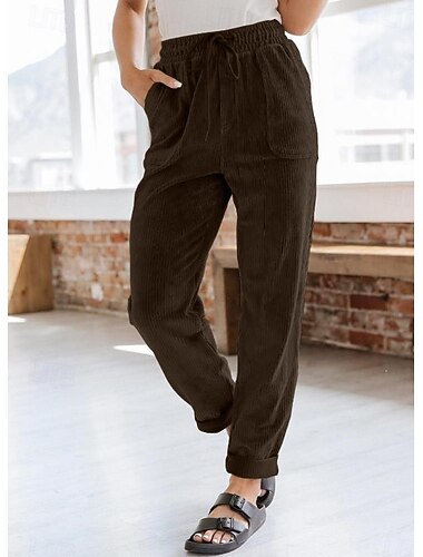  Dam Joggingbyxor Kinesiska Mode Streetwear Fullängd Medium Midja Slät Ficka Bekväm Mjuk Microelastisk Utomhus Gata Mörkbrun Svart Djupblå Kaki Vår & Höst Lös passning