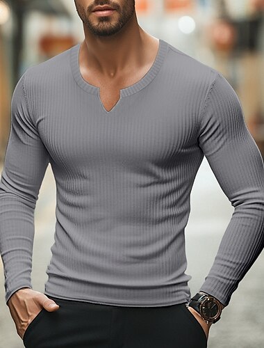  Herren T Shirt Geripptes Strick-T-Shirt T-Shirt Langarmshirt Langarm V Ausschnitt Sommer Frühling & Herbst Einfach Grubenstreifen Mode Designer Basic Gerippt Urlaub Straße Ausgehen Hellblau Schwarz
