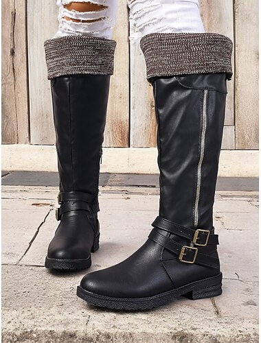  braune kniehohe Kunstlederstiefel für Damen mit Strickbund und Schnallenriemen – lässige Winterreitstiefel