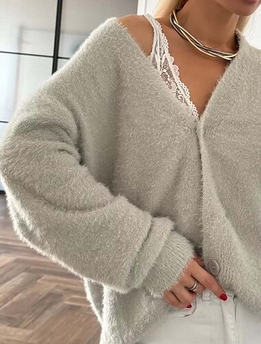  cardigan surdimensionné en tricot flou pour femme, cardigan à col en V, automne hiver, travail, streetwear élégant, quotidien, manches longues, couleur unie, marron, gris clair